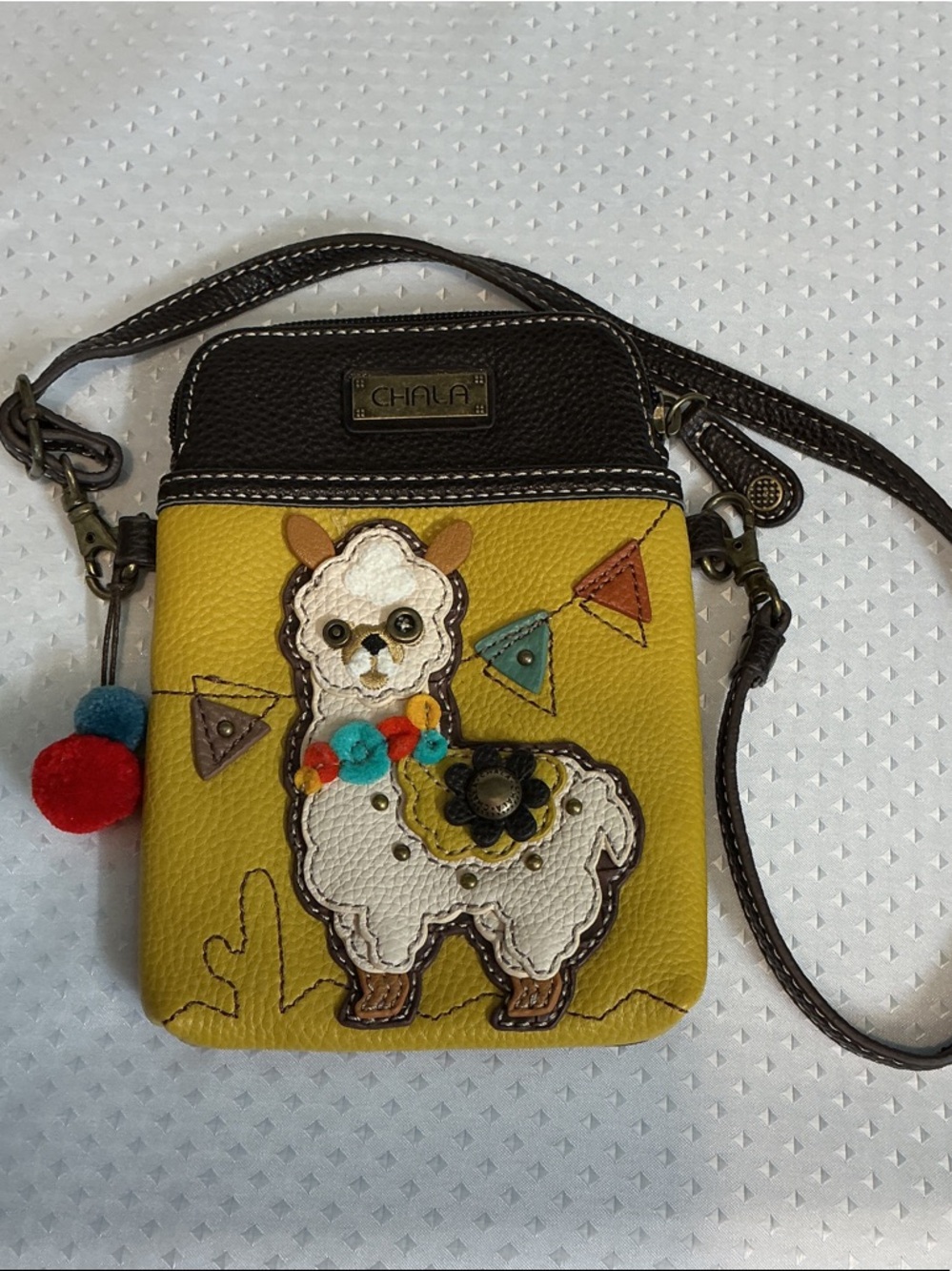 Chala Yellow & Brown Llama Crossbody with Colorful Pom Charms
